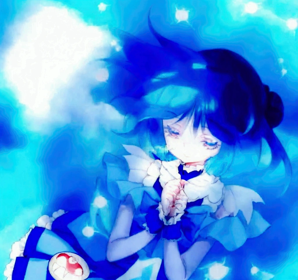 Anime girl with blue hair and blue dress, blue aura, from toho, ulcer toho, ulcer, ulcer from toho, toho character, an anime portrait of ulcer, toho, dreamy psychedelic anime, magical girl anime Mahou Shojo, Fubuki, an aura of magic around her, black-haired magician