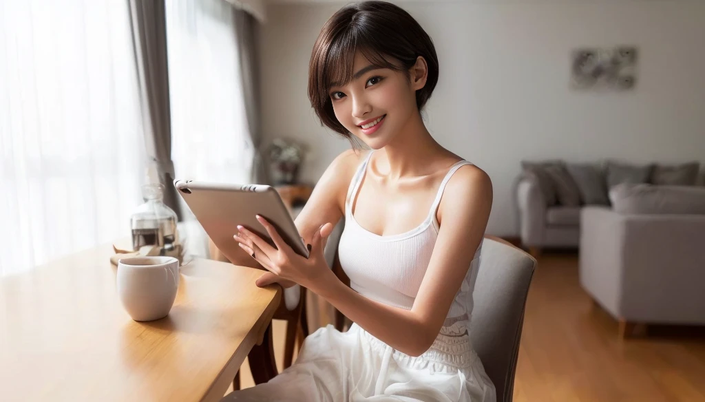 masterpiece, realistic, photorealistic, best quality, beautiful detailed, natural lighting, sharp focus, depth of field, slim body, abs:1.2, cleavage, best quality real texture skin, Detailed beautiful delicate face and eyes, in a living room, beautiful detailed Japanese girl, (solo), 20 years old, (above the knee:1.2), (((searching the Internet on an iPad))), (sitting on the sofa), eyes open, looking at viewer, best quality real texture skin, Detailed beautiful delicate face and eyes, double eyelid, smile:1.2, white teeth:1.2, short straight brown hair, tank top, mini skirt
