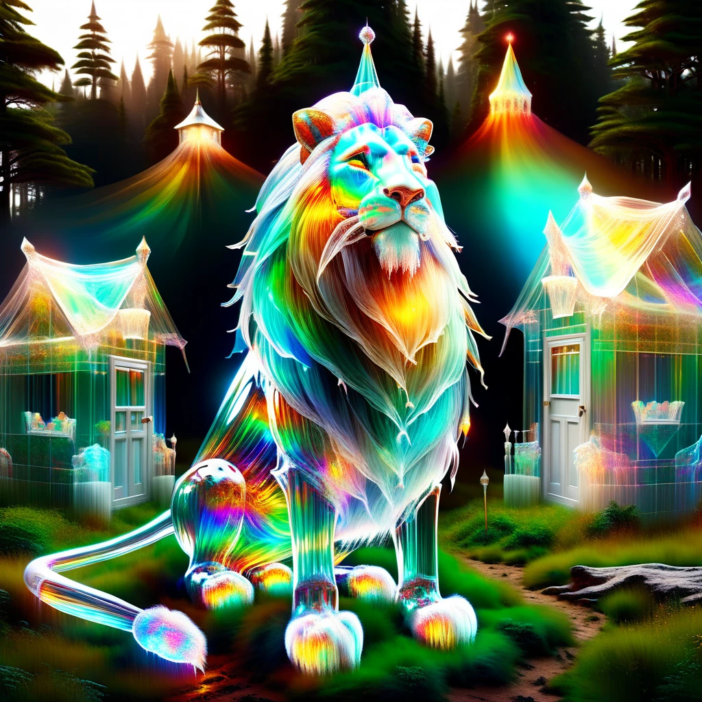 hyper detailed masterpiece, dynamic realistic digital art, incredible quality,transparentes, translucent elf, little lion creature, long white beard, pointy hat in earth tones, practical rustic clothing, Carry a staff, guardian of the house and farm, Good luck, protection DonMSp3ctr4lXL