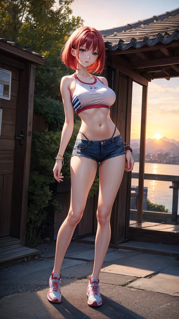 best qualityer, full - length portrait, 精致的面容, short red hair, hypdertailed, de 18 anos, slender figure, Huge bust, big breasts,camiseta cropped oversized, tummy, small waist, Opening between crotch, camel toe, low waist shorts, bikini panties, sunset bridge, supper, standing, long leg , rings, bracelet, to attend, Nike Air Jordan, legs spread open,light pink clothes,sample breasts