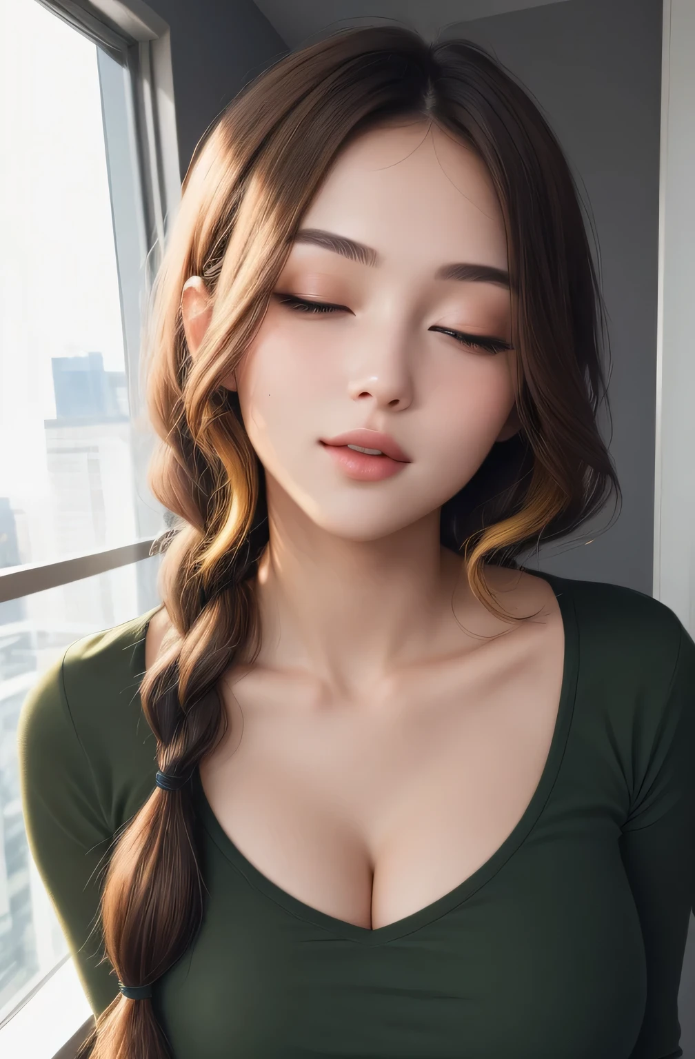 (Night:1.7), Modern apartment, high rise, CityView, Before Window,
Standing at attention,Hands Down,
Green shirt,long sleeves, cleavage, collarbone,
Glasses,brown hair,purple eyes,braid,single braid,yellow hair ornament,
1 girl, 20yo,Young female,Beautiful Finger,Beautiful long legs,Beautiful body,
Beautiful Nose,Beautiful character design, perfect eyes, perfect face,expressive eyes,
looking at viewer, in the center of the image,(Upper_body),(Focus on her face),
official art,extremely detailed CG unity 8k wallpaper, perfect lighting,Colorful, Bright_Front_face_Lighting,shiny skin,
(masterpiece:1.0),(best_quality:1.0), ultra high res,4K,ultra-detailed,
photography, 8K, HDR, highres, absurdres:1.2, Kodak portra 400, film grain, blurry background, bokeh:1.2, lens flare, (vibrant_color:1.2)
(Beautiful,large_Breasts:1.4), (beautiful_face:1.5),(narrow_waist),