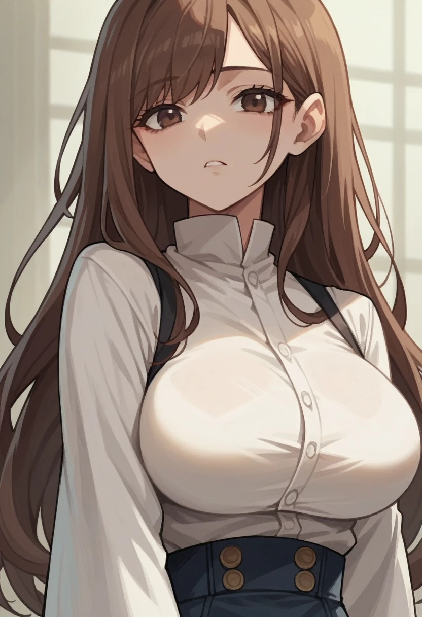 score_8_up, score_7_up, score_6_up, source_anime, anime screencap, best quality, clear face, 1girl, brown hair, long hair, brown eyes, long hair, big breasts