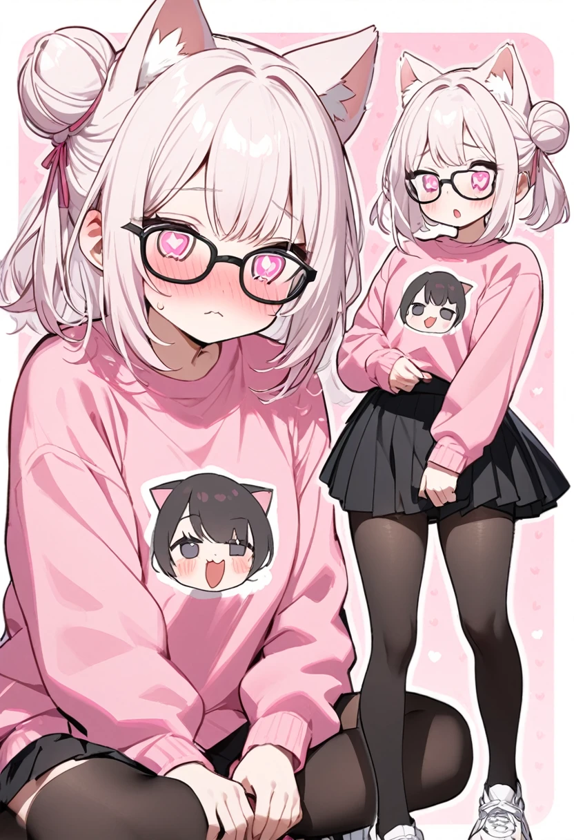 I have white pink hair, cat ears, a bun, my face is super blushing, black glasses, pink heart eyes, a big pink sweatshirt, a black skirt, black stockings, white shoes, a cat&#39;s tail, a girl. very shy that her parents are millionaires
