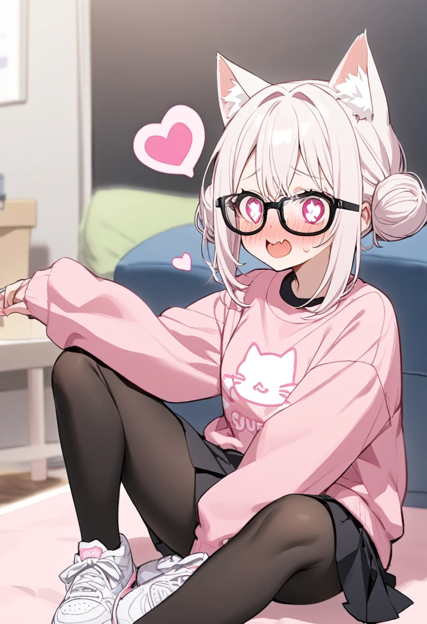 I have white pink hair, cat ears, A good, my face is super red, black glasses, pink heart eyes, a big pink sweatshirt, a black skirt, black stockings, White shoes, A cat's cola, a woman. Very shy in his bed on his knees, his bubbles grab you