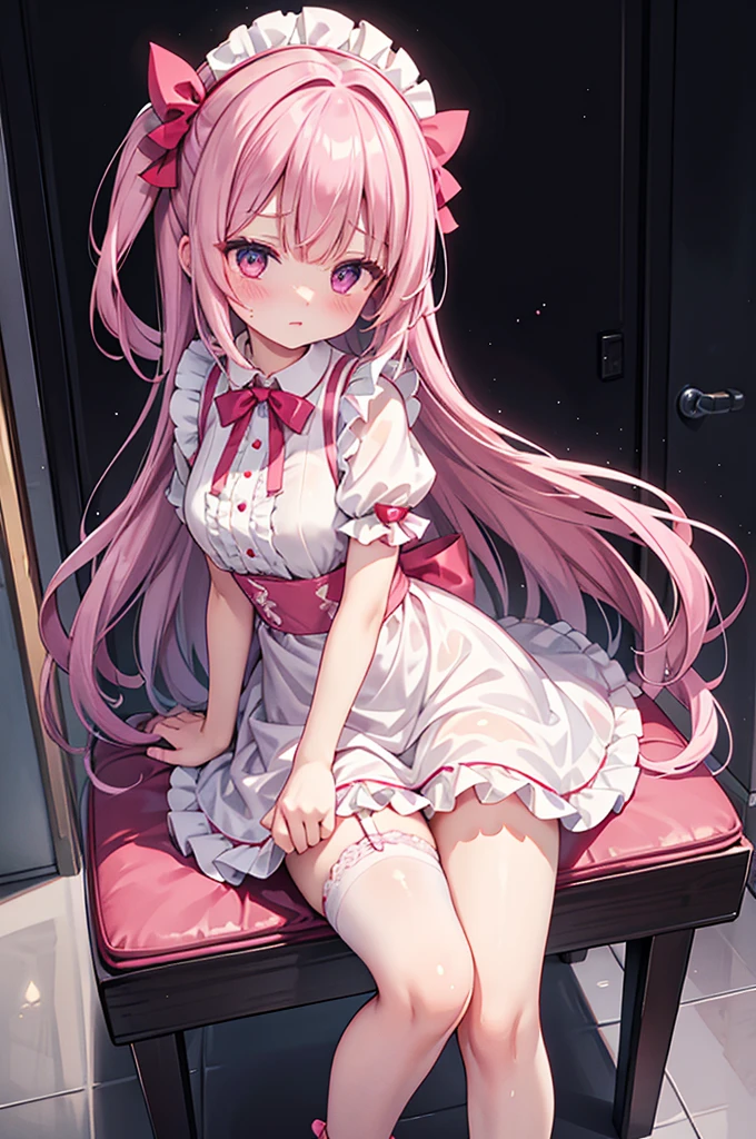 Highest quality、Shiny silk short sleeve puff sleeve pink maid outfit、See-through、Very short skirt、Big red bow、A short white ruffled apron、White garter belt with ribbon、Pink high heels with ribbon、Large headband with ribbon、Flushed Cheeks、Embarrassed look、panic、panic、Soaking wet、Great Khan、storm、Stretch out on a chair、Facing forward、Looking up from below