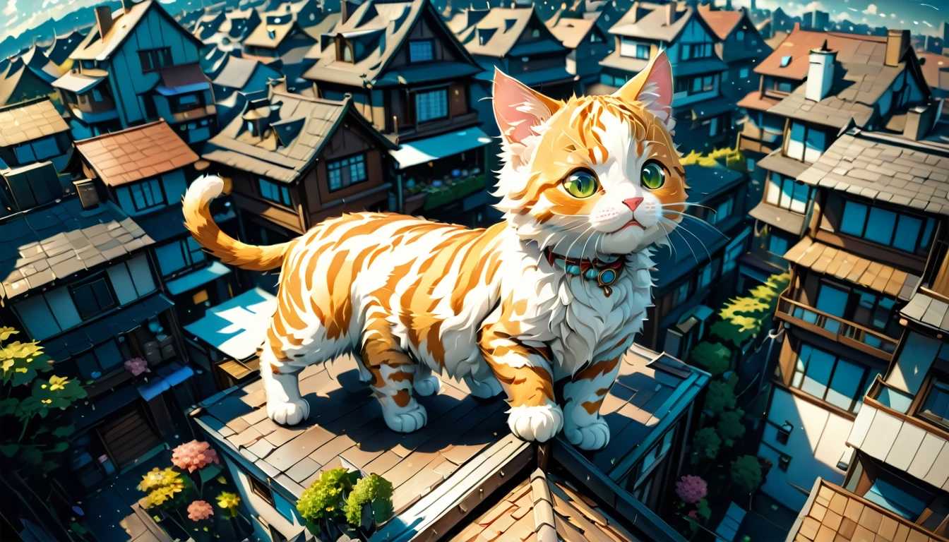 (big cute cat appeared there:1.5), (Anime style illustration), best aerial angle, houses look smaller, best quality, (masterpiece:1.2), hyper detailed, ultra high res, absolutely resolution, 4K, ultra HD, insanely detailed and intricate, high resolution, HDR, beautifully, aesthetic,