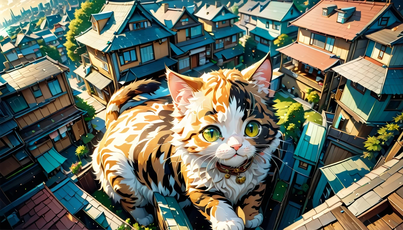 (big cute cat appeared there:1.5), (Anime style illustration), best aerial angle, houses look smaller, best quality, (masterpiece:1.2), hyper detailed, ultra high res, absolutely resolution, 4K, ultra HD, insanely detailed and intricate, high resolution, HDR, beautifully, aesthetic,