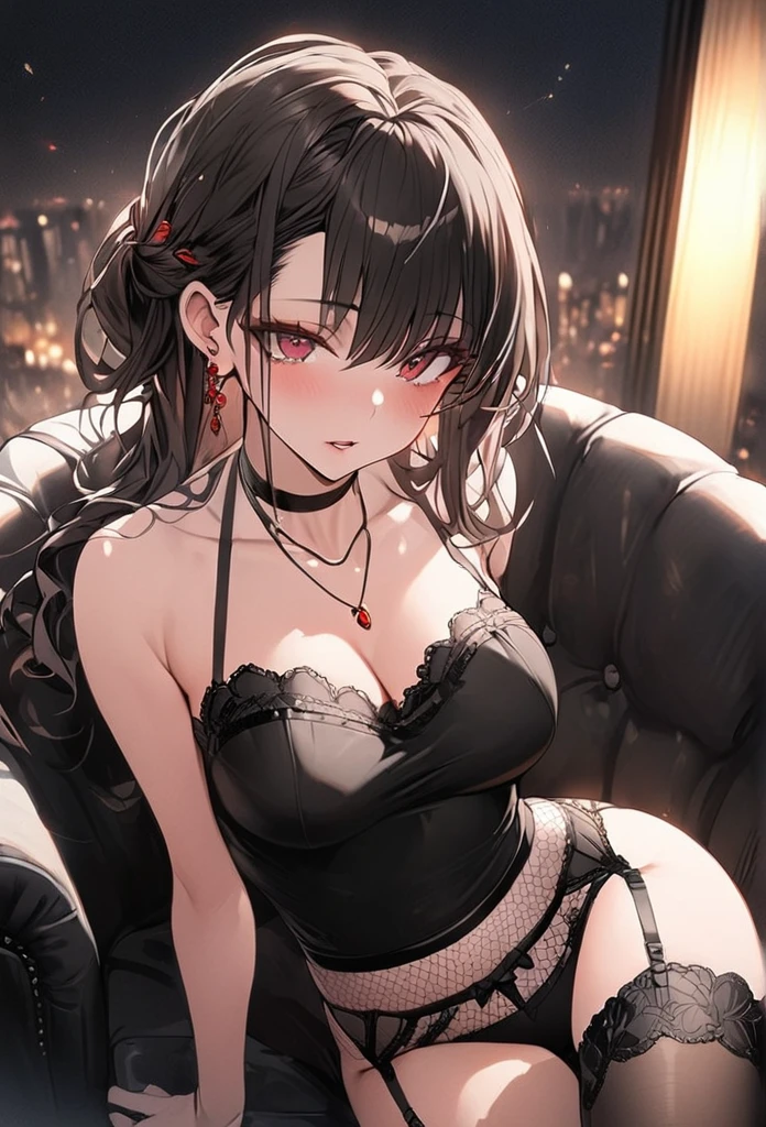 See-through sexy black and red underwear Soapland Shy and seductive look Sexy Body Clear Eyes Round eyes Sit on a plush chair office lady Japanese women Manga illustration Beautiful firm breasts Beautiful E Cup Breasts the body is slim Highest quality 4K Chignon Hairstyle Hair tied up Medium Long Hair Light brown black hair hair ornaments necklace Hotel with a night view Simple Background Seductive pose garter belt Black Stockings Earrings 派手なnecklace Fine details Beautiful anime illustrations Beautiful Face alone High resolution, One Girl, Highest quality, Attention to detail, Slightly parted lips Red seductive lips