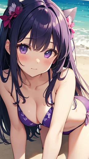 Highest quality、masterpiece、pretty girl、Purple Bikini、On all fours、Looking into the camera、Beach、blush、Kamimei