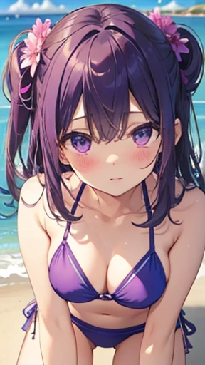 Highest quality、masterpiece、pretty girl、Purple Bikini、On all fours、Looking into the camera、Beach、blush、Kamimei