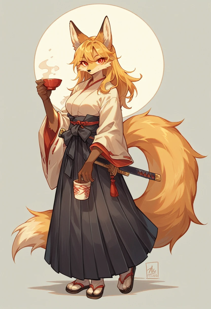 (full body,A Cup,I always have nothing in my hands.),Fox woman, Furry, Golden fur, Golden facial fur, long golden hair, The hair on his hands is golden, Golden yellow hair on the back of the hand, Light-filled eyes, Red eyes, Brown elements of fur,Hakama,Sword on waist,Very fine fur, Fluffy tail,A Cup