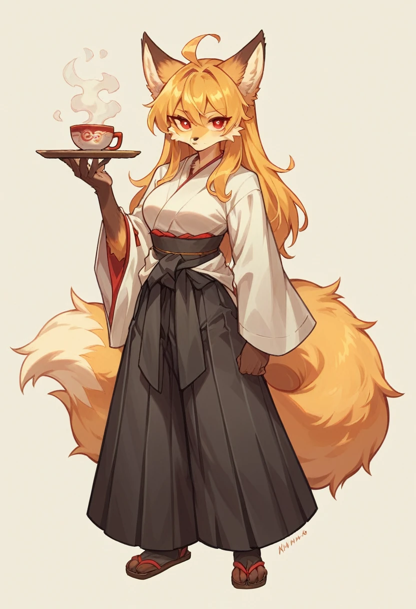 (full body,A Cup,I always have nothing in my hands.),Fox woman, Furry, Golden fur, Golden facial fur, long golden hair, The hair on his hands is golden, Golden yellow hair on the back of the hand, Light-filled eyes, Red eyes, Brown elements of fur,Hakama,Sword on waist,Very fine fur, Fluffy tail,A Cup