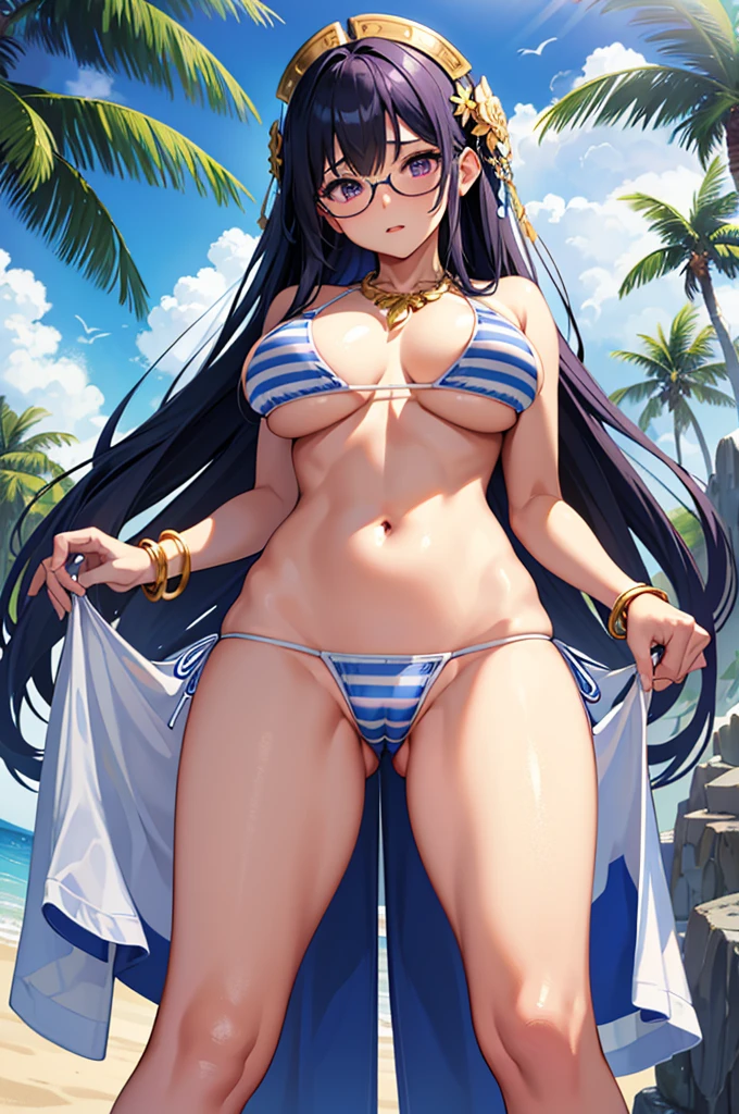 nsfw、Standing with hands behind back、Big Breastature adult woman、Toned body、Six Pack、8 heads、Beautiful feet、(Glasses、Black Hair、Purple Eyes、Twin Blade、)、Ocean辺、(((solo)))、(((Big Breasts)))、(Blue and white striped micro mini bikini、Blue and white striped Brazilian bikini、Gold Necklace、Gold Bracelet)。Legs wide open、Crotch wide open、Blue and white striped micro bikini panties exposed、Cameltoe、Exposing the crotch、Masterpiece highest quality high resolution、Ocean、beach、As if looking up from below、Embarrassing、nsfw、Gold glitter Brazilian bikini、Cameltoe