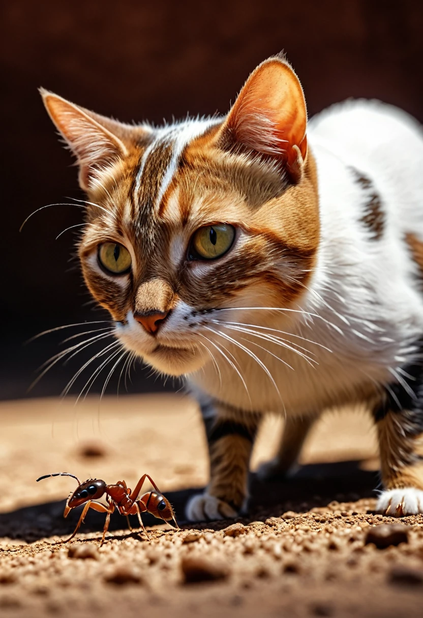 arafed a picture of an ant looking at a cat, picture taken from the ant point of view of the ant, hyperrealism style, vibrant, Ultra-high resolution, High Contrast, (masterpiece:1.5), highest quality, Best aesthetics), best details, best quality, highres, ultra wide angle, 16k, [ultra detailed], masterpiece, best quality, (extremely detailed) RAW