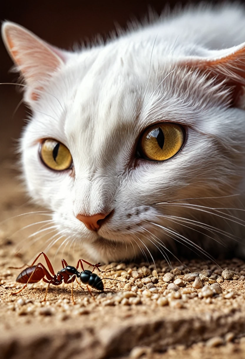 arafed a picture of an ant looking at a cat, picture taken from the ant point of view of the ant, hyperrealism style, vibrant, Ultra-high resolution, High Contrast, (masterpiece:1.5), highest quality, Best aesthetics), best details, best quality, highres, ultra wide angle, 16k, [ultra detailed], masterpiece, best quality, (extremely detailed) RAW