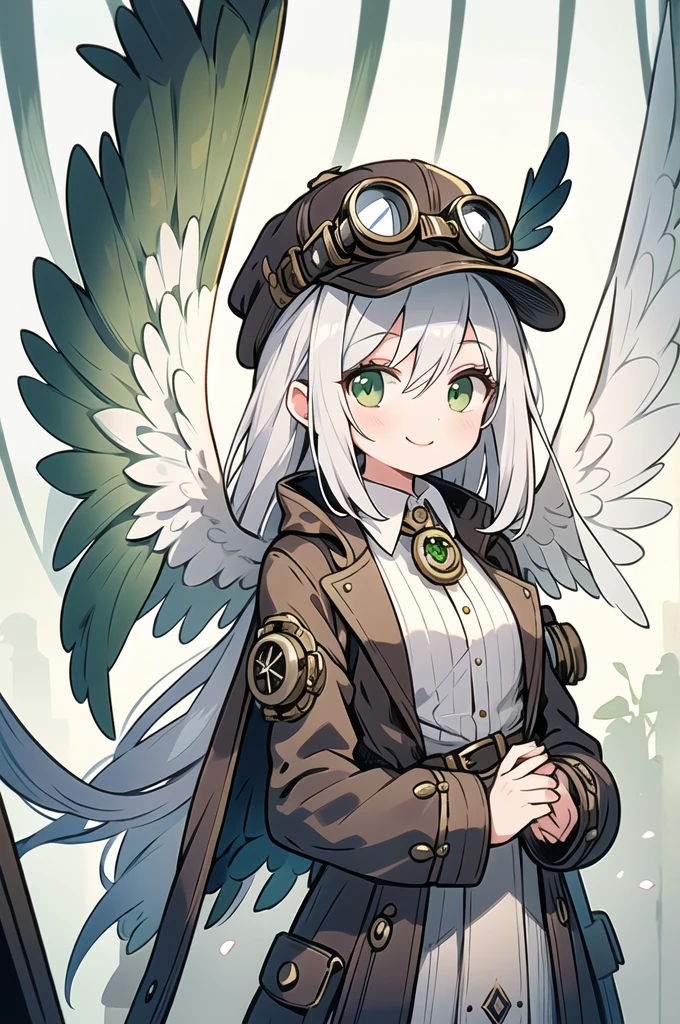 masterpiece, Highest quality, One girl, Silver Hair, semi-long, smile, Green Eyes, White, low length, Dairy-free, Steampunk costumes, Newsboy cap with goggles, White Wings, Ethereal and magical atmosphere, High resolution