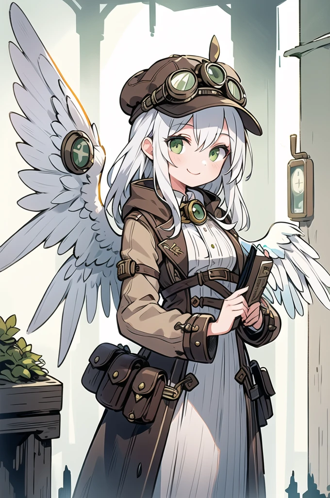 masterpiece, Highest quality, One girl, Silver Hair, semi-long, smile, Green Eyes, White, low length, Dairy-free, Steampunk costumes, Newsboy cap with goggles, White Wings, Ethereal and magical atmosphere, High resolution
