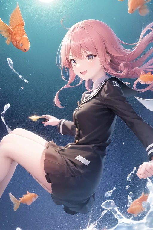 Generates full body photography, (female\(student, age of 15, JK, semi long pink color floating hair, red colored eyes,white color uniform of school, pale skin, smile face with shine in the eyes\) is looking up at the sky), (so many goldfish are swimming in the air), beautiful sky, beautiful clouds, summery colorful flowers are blooming here and there, (crystal clear bubbles are shining prism here and there in the sky), there is the noonday moon and noonday stars in the sky, female is at messy downtown, BREAK ,quality\(8k,wallpaper of extremely detailed CG unit, masterpiece,hight resolution,top-quality,top-quality real texture skin,hyper realisitic,increase the resolution,RAW photos,best qualtiy,highly detailed,the wallpaper,cinematic lighting,ray trace,golden ratio\),(long shot),wide shot,