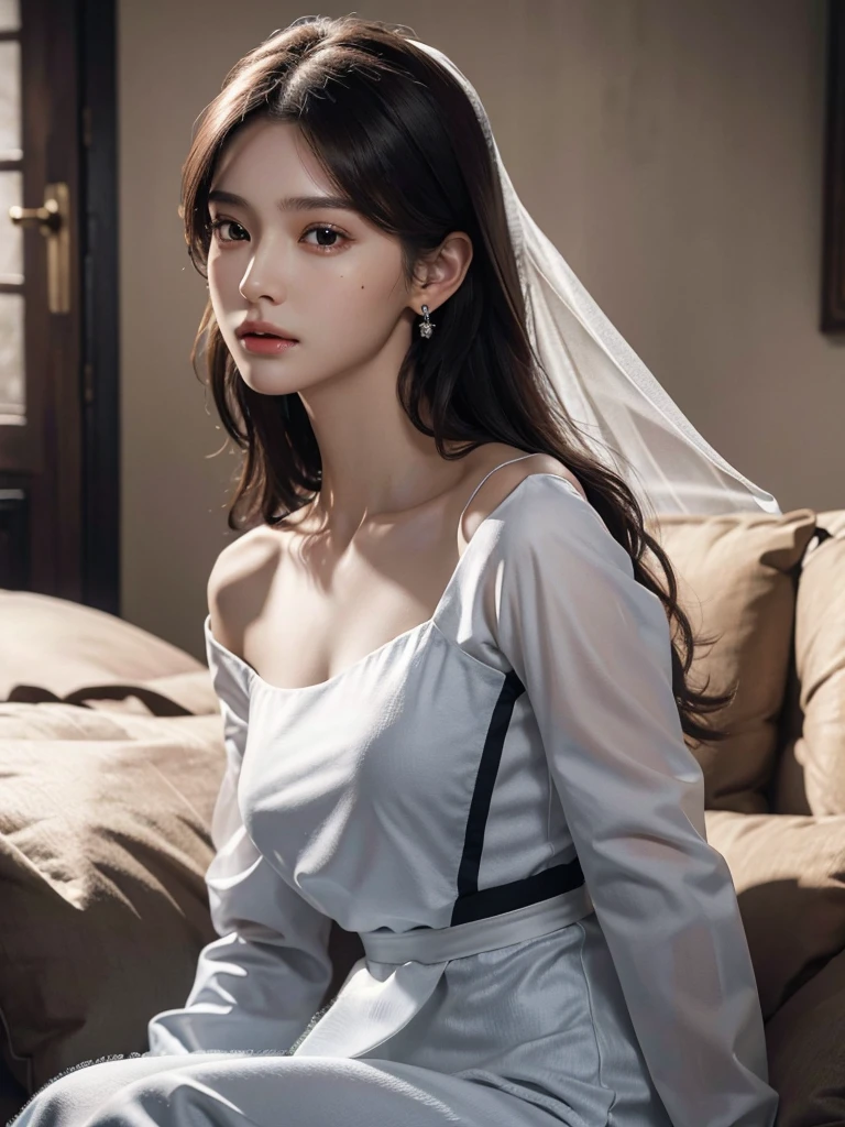 absurdres, RAW photo, extremely delicate and beautiful, masterpiece, Best Quality, ultra high resolution, 32k, hyperrealistic, ultra-detailed, perfect anatomy, super Detailed skin, perfect figure, Super Beauty, Perfect Style, Perfect balance, Beautiful Lighting, Perfect Lightning, Realistic Shadows, 20 years old, very Slim body, narrow waist, very small head, very small face, delicate facial features, handsome detailed woman, very detailed eyes and face, realistic face proportions, Realistic beautiful face, Realistic beautiful eyes, tearful mole, earring, very huge round breasts, legs, medium hair, asymmetrical hair, full body shot, indoor, dress, long sleeves, nun, off-shoulder, face veil,