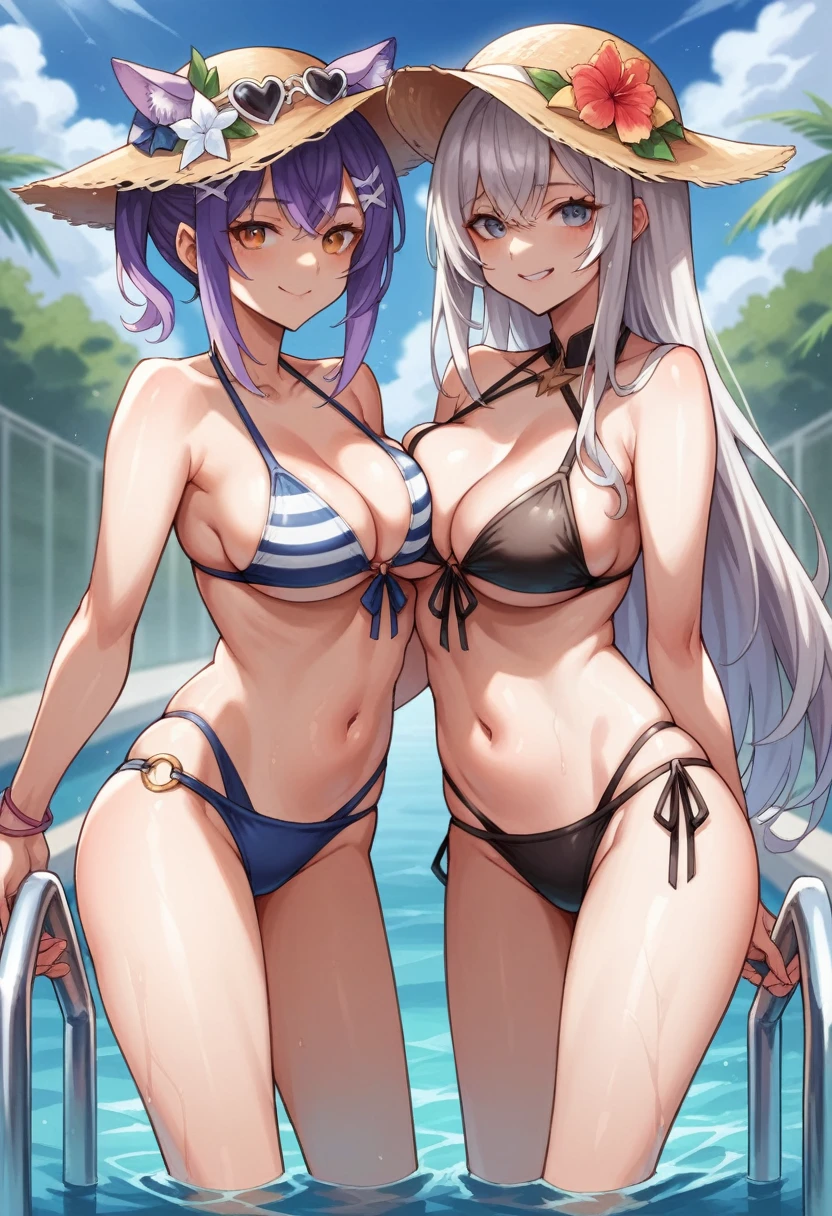 two Anime Girls in bikinis and hats standing next to each other, Ray-traced imagery inspired by Hirotsune II, Pixiv, Tachismo, Naughty anime style, realistic bikini, clothing: bikini, Swimwear, is wearing a Swimwear, Naughty style, Naughty, two beautiful Anime Girls, Swimwear, Hololive, Anime Girls, Pool