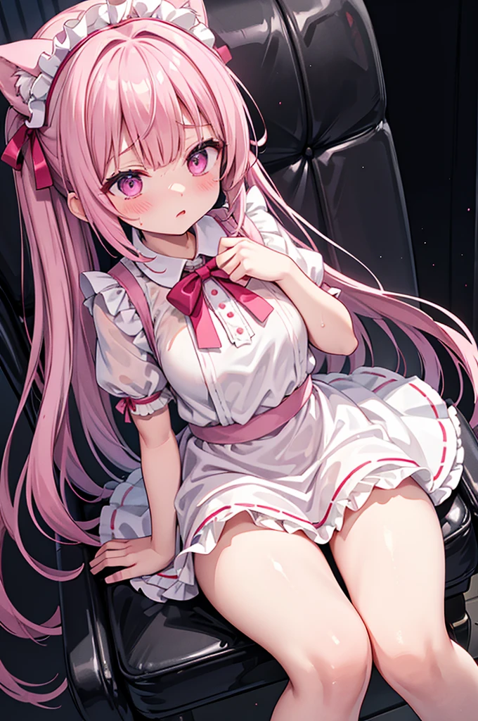 Highest quality、Shiny silk short sleeve puff sleeve pink maid outfit、See-through、Very short skirt、Big red bow、A short white ruffled apron、White garter belt with ribbon、Pink high heels with ribbon、Large headband with ribbon、Flushed Cheeks、Embarrassed look、panic、panic、Soaking wet、Great Khan、storm、Stretch out on a chair、Facing forward、Looking up from below