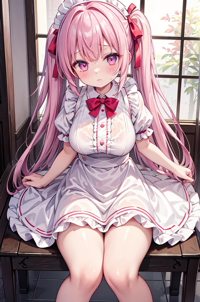 Highest quality、Shiny silk short sleeve puff sleeve pink maid outfit、See-through、Very short skirt、Big red bow、A short white ruffled apron、White garter belt with ribbon、Pink high heels with ribbon、Large headband with ribbon、Flushed Cheeks、Embarrassed look、panic、panic、Soaking wet、Great Khan、storm、Stretch out on a chair、Facing forward、Looking up from below