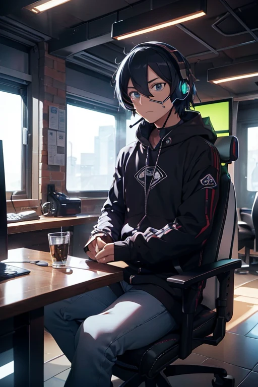 there is a man sitting at a table with headphones, Serpentina do Twitch / gamer ludwig, Serpentina do Twitch, streaming on Twitch, profile photo 1024px, wearing a gaming headset, septic eye, Douglas Walker, jerma in a liminal space, gaming chair as bathroom, in a spaceship, gaming room, jody highroller, wearing gaming headset