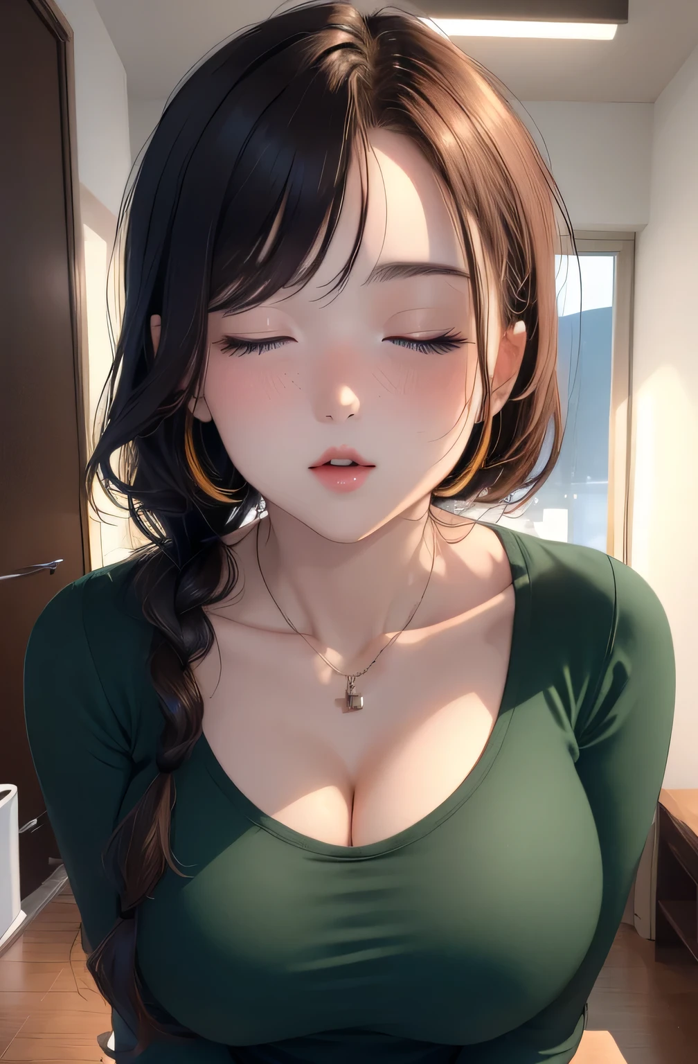 (Night:1.7), Modern apartment, high rise, CityView, Before Window,
Standing at attention,Hands Down,
Green shirt,long sleeves, cleavage, collarbone,
Glasses,brown hair,purple eyes,braid,single braid,yellow hair ornament,
1 girl, 20yo,Young female,Beautiful Finger,Beautiful long legs,Beautiful body,
Beautiful Nose,Beautiful character design, perfect eyes, perfect face,expressive eyes,
looking at viewer, in the center of the image,(Upper_body),(Focus on her face),
official art,extremely detailed CG unity 8k wallpaper, perfect lighting,Colorful, Bright_Front_face_Lighting,shiny skin,
(masterpiece:1.0),(best_quality:1.0), ultra high res,4K,ultra-detailed,
photography, 8K, HDR, highres, absurdres:1.2, Kodak portra 400, film grain, blurry background, bokeh:1.2, lens flare, (vibrant_color:1.2)
(Beautiful,large_Breasts:1.4), (beautiful_face:1.5),(narrow_waist),