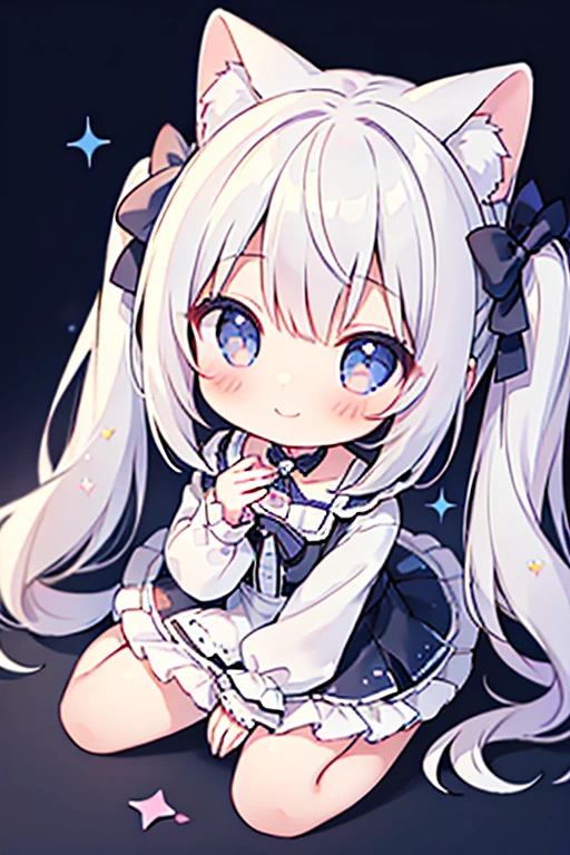 masterpiece, Highest quality, Highest Resolution、One Girl、from above, Looking up、full body、pastel colour、Gothic Lolita、Heart Hands、Cute Dresses、Sparkling eyes、A smile that will captivate you、White background、Very long twin tails、Sitting、Looking at me