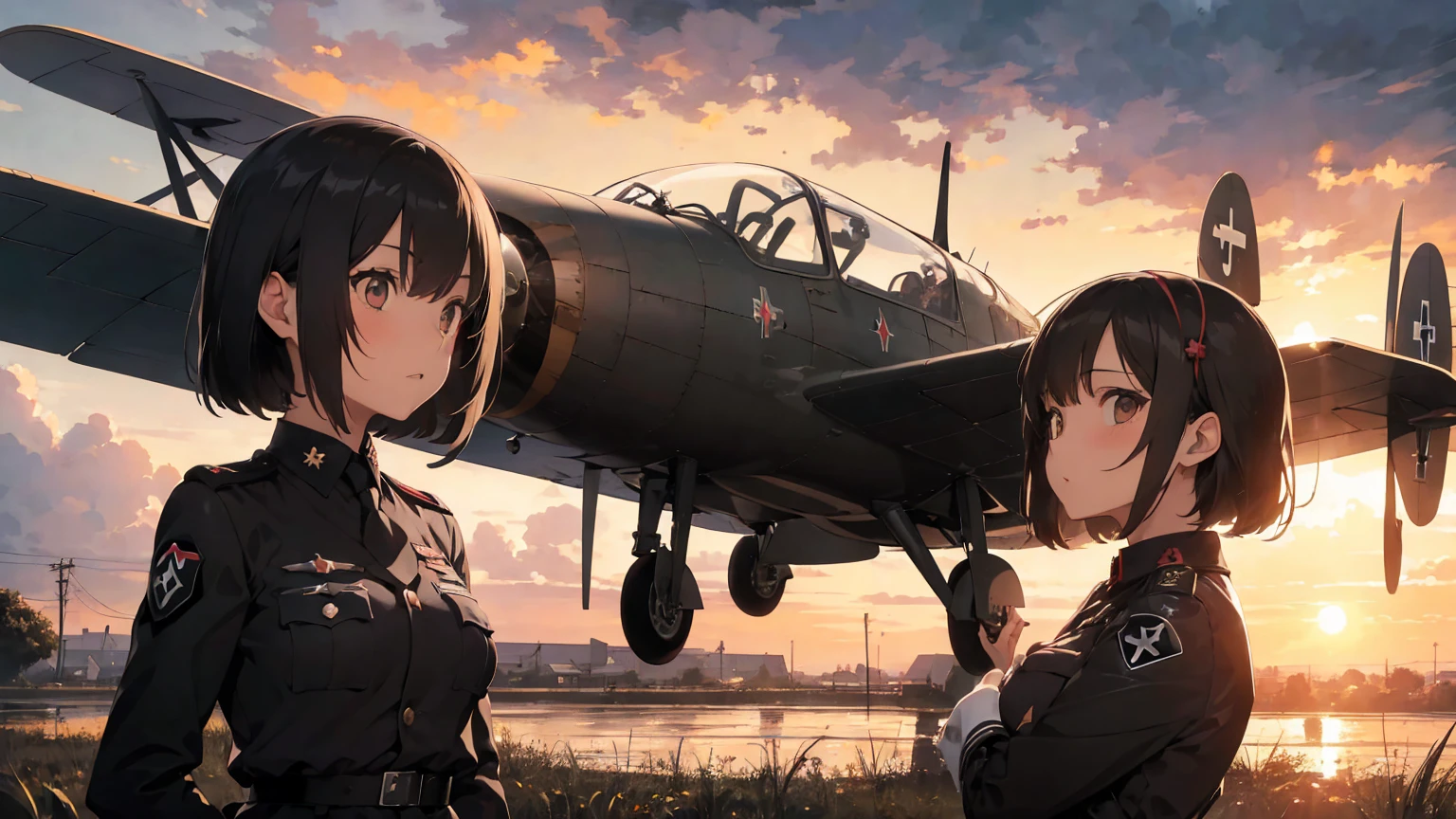  Gestapo uniform, female lesbian  kawaii sisters kissing with Heinkel He 111 airplane in background. wearing Luftwaffe pilot uniforms. 8k. masterpiece. best quality. best artwork. lingerie. Swastika insignia red armband. busty bare breasts. nipples.  sunset. storm raining, bleak weather