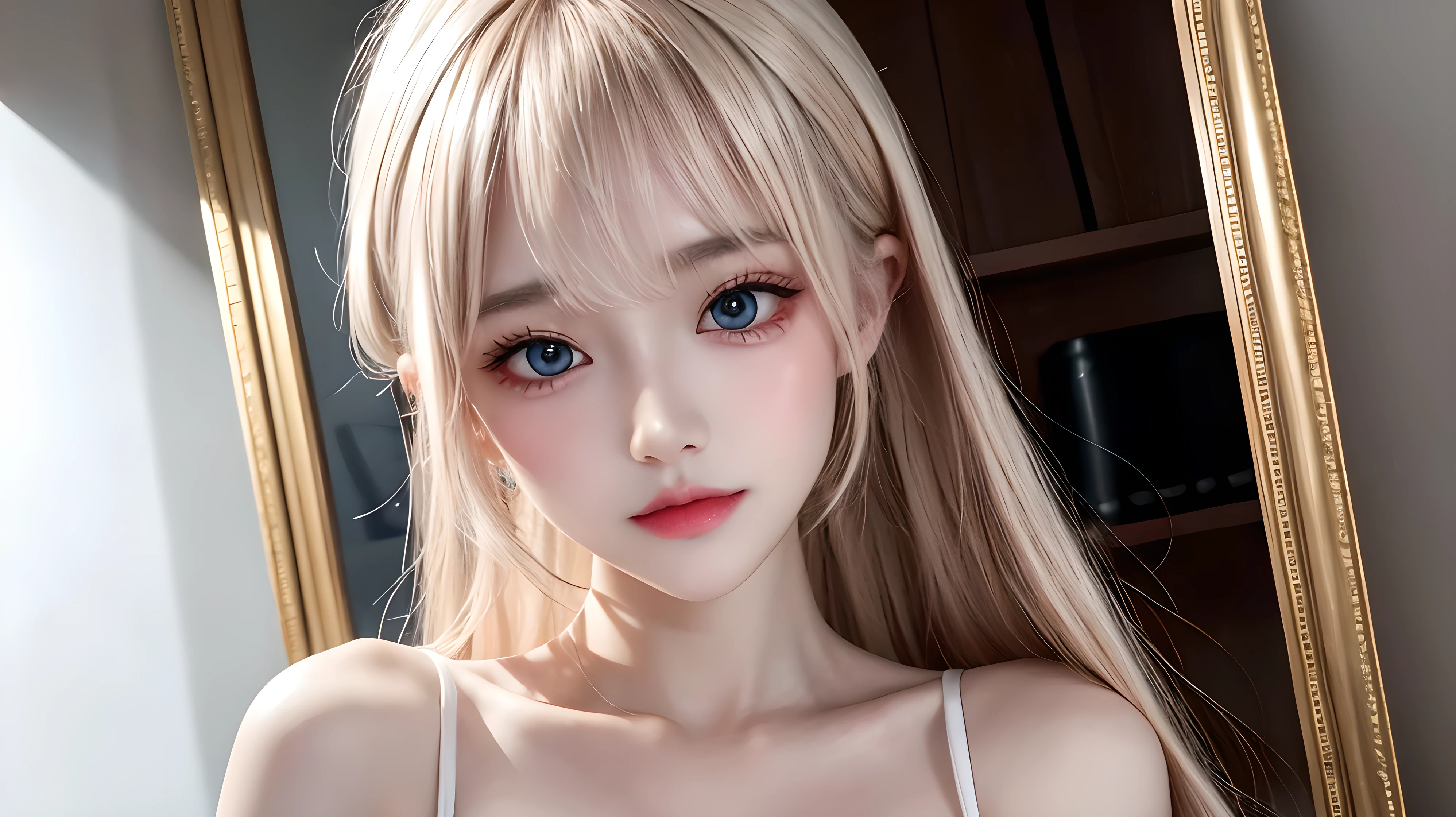 Portrait、、Bright expression、Young, lustrous, glowing, white skin、The best beauty、Blonde reflection、piper peri , Platinum blonde hair with dazzling highlights、Shiny and shiny hair,、Super long silky straight hair、Shiny beautiful bangs、Big, bright, light blue eyes that shine beautifully、Very big eyes、Very beautiful nice cute 15 year old beautiful girl、Ample Bust、The skin is delicate，Head up，Sweat，Interrupt），the dress is dripping，super low neck dress，No underwear，Pantyless，Water spray、bangs over eyes、片bangs over eyes、Bangs between the eyes、Small Face Beauty、Cheek gloss highlighter、Small Face Beauty、Round face, high ponytail hair, 