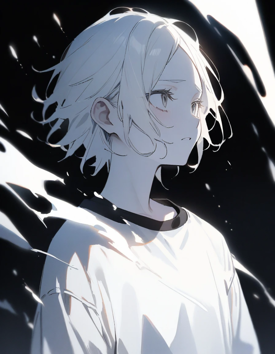 masterpiece, best quality, ((pure white background)), permanent, slim albino guy, white hair, white eyelashes, white eyebrows, cold face, White skin, Black T-shirt, sad expression, Light effect, soft, super clear, HD images, (front)