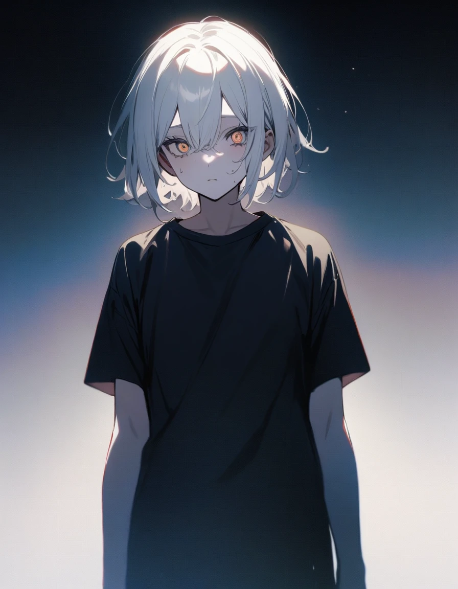 masterpiece, Highest quality, ((Pure white background)), Are standing, Slim albino man, Gray Hair, White eyelashes, White eyebrows, Cold Face, Fair skin, Black T-shirt, Sad expression, Light effects, soft, Ultra Clear, High-resolution images, (front)