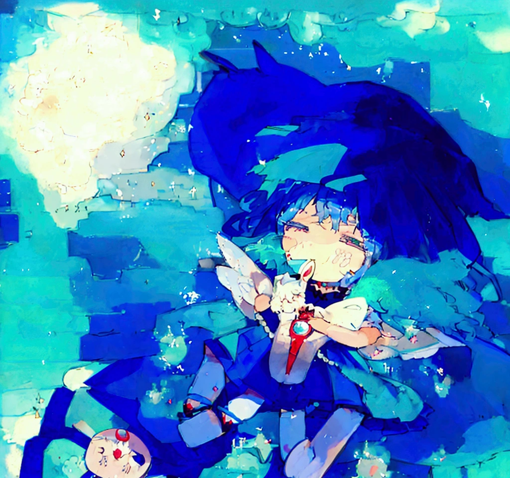 Anime, girl in a short miniskirt, panties visible, red-blue hair, Twin Tail, in a beautiful area, views from below. 3D