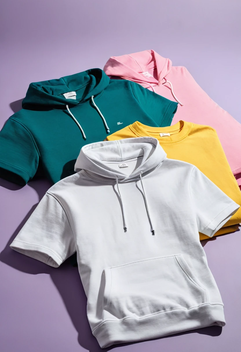 A neatly arranged T-shirt and a hoodie lie next to each other on a beautiful background. The background is bright and aesthetically pleasing, possibly with a soft gradient or a subtle pattern, that highlights the products. The T-shirt and hoodie are carefully folded and show their front, so that the details and quality of the material are clearly visible. The scene is well lit, with soft shadows, to enhance the high-quality impression of the clothing. The colors of the T-shirt and hoodie should contrast, but fit together harmoniously