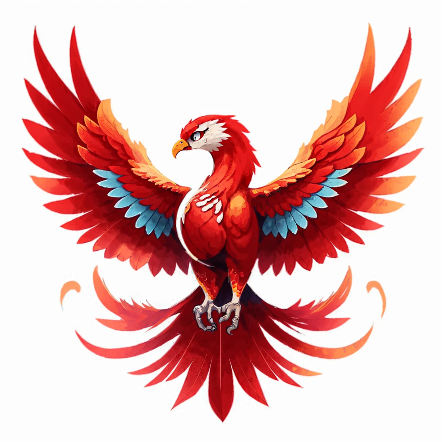 red phoenix bird, blue wings, white background, detailed phoenix bird, phoenix bird rising from ashes, phoenix warrior, phoenix inspiration, phoenix wallpaper, phoenix rebirth, phoenix dragon, fire phoenix, detailed fiery phoenix, phoenix flames, photorealistic, hyper detailed, 8k, award winning digital art, intricate, masterpiece, cinematic lighting, vibrant colors