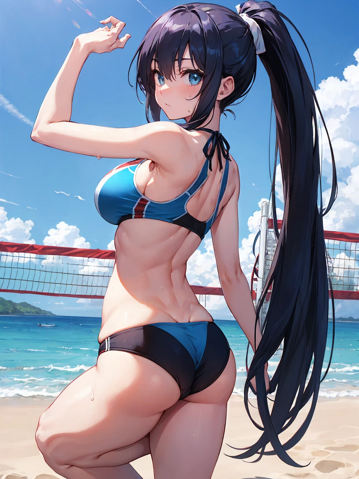 （Sweat, White skin:1.5、Aggressive Pose, ）, cameltoe, Fitness, , ((Beach volleyball bikini)),Big Breasts, Sturdy body、Healthy Body、((Big Eyes in Anime)), back、Very long dark blue hair、ponytail、Squat、from back,Super High Cut
