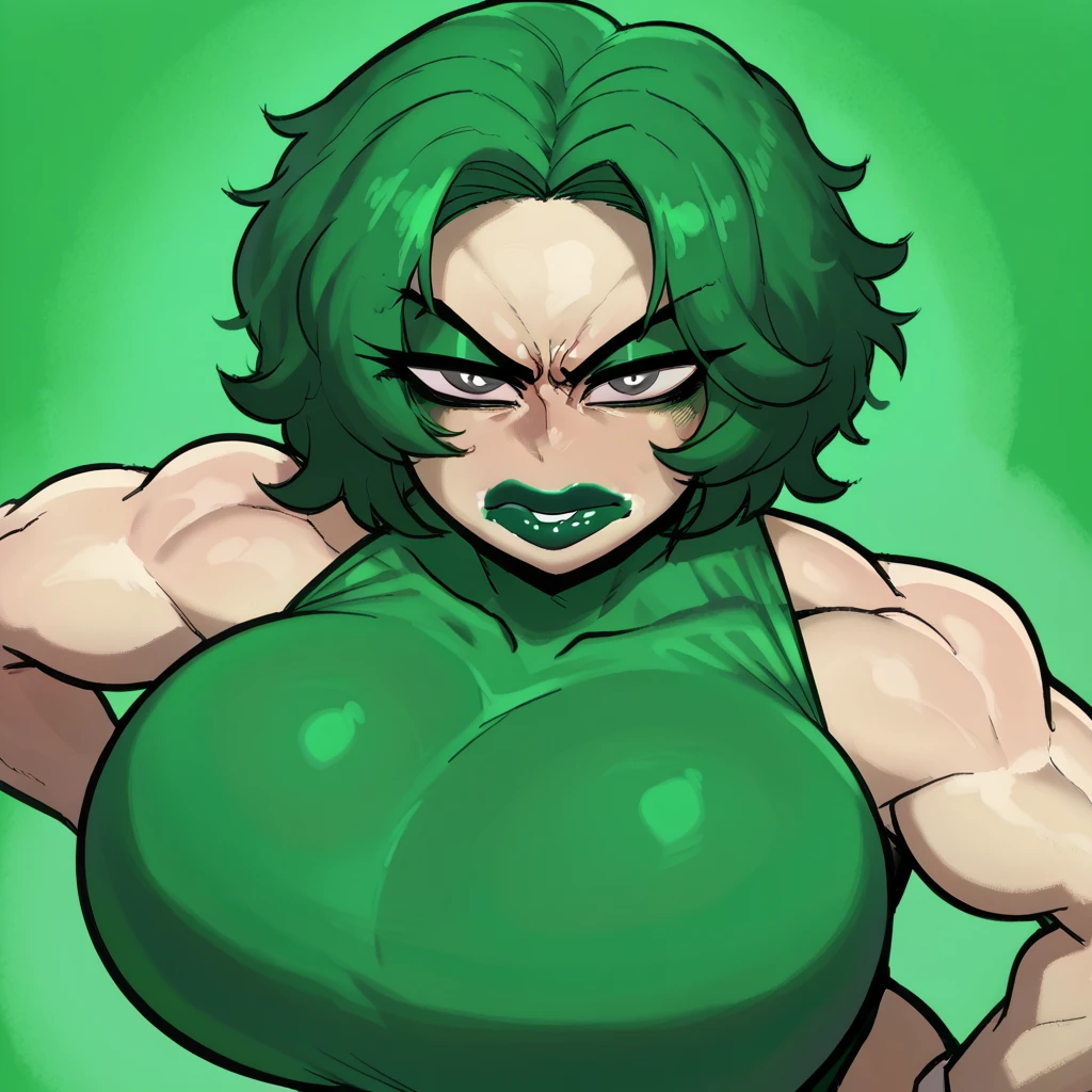 score_9, score_8_up, score_7_up, score_6_up, score_5_up, score_4_up, BREAK 1girl, ((muscular body:1)), intricate, (eyeliner:1.2), looking at viewer, green hair, green lipstick, detailed background,huge breasts (masterpiece, high quality:1), horrified expression, upper body focus, Ms.Green (M&M), jaw-dropping.
