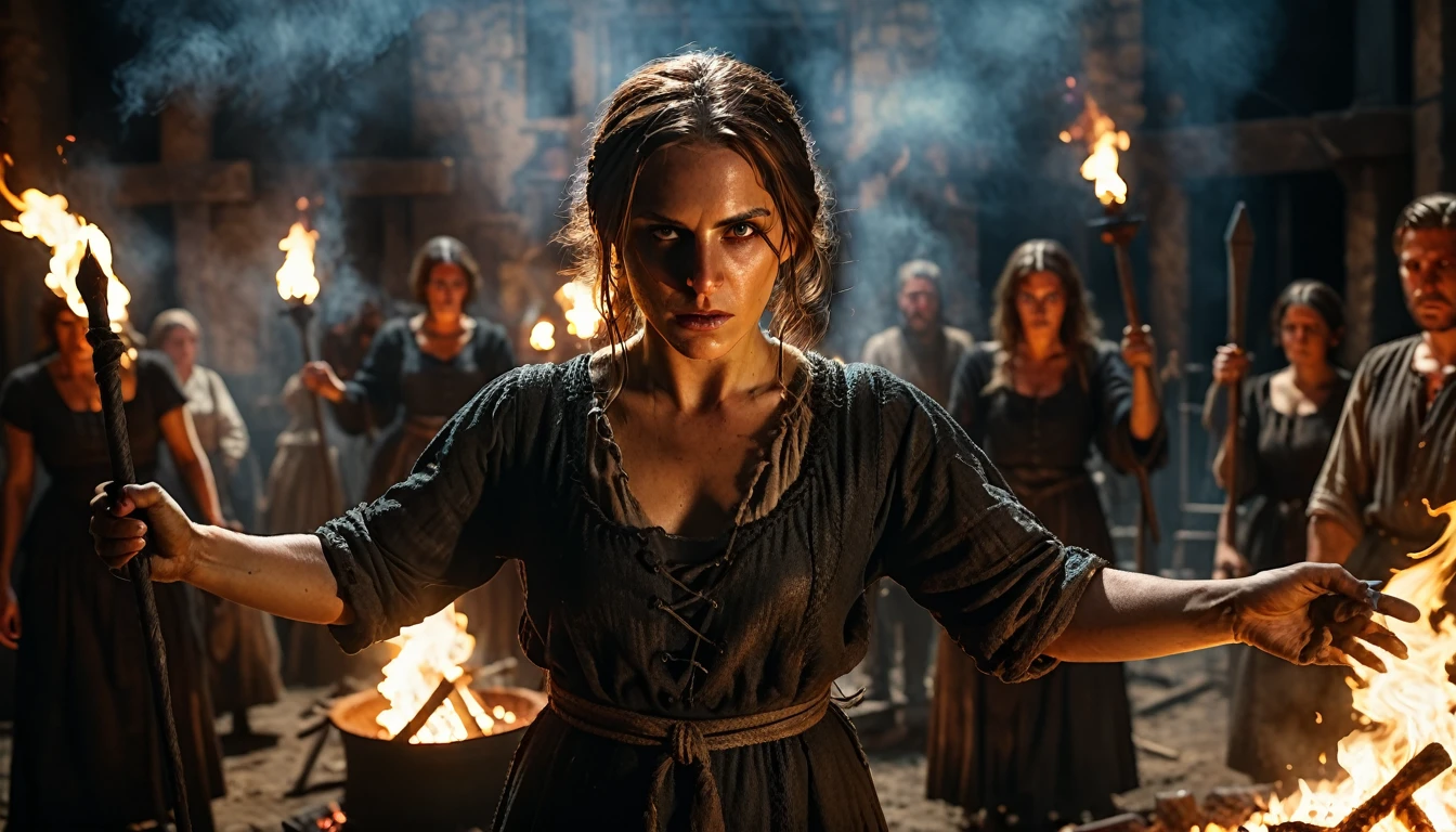 Woman accused of witchcraft being burned at the stake, with hands tied, guilty of bringing the plague upon the city, cinematic background, hyperrealisti, ultra detailed hyperrealisti, photorrealistic, studio lighting, Reflections, dynamic pose, cinematic, Historical accuracy, color grading, fot, Shot with a 50mm lens, ultra-wide angle, Depth of field, 超detailded, beautifully color-graded, 8k