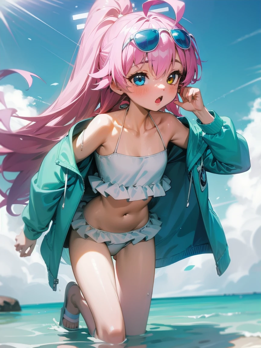 Yellow eyes, Pink Hair, Ahog, Bikini, Ruffles, Open clothes, Off-shoulder,  open jacket, ocean, low Double tail, sunglasses, Hair shaking,  Heterochromia, Halo, white Bikini, sandals, Double tail, very Long hair, clavicle, jacket, swimsuit, blue jacket, Long hair, Bangs, blue eyes, Hair accessories, Long sleeve, Umbilical cord, Hair between the eyes, 裸Off-shoulder膀, Wearing glasses on head, frilled Bikini, White-framed glasses, Hoshino \(Blue Files\),HoshinoSS,1 Girl,Solitary,Extremely detailed CG unity 8k wallpaper,((beautiful)),(high quality),a very delicate and beautiful,((masterpiece)),(Extremely detailed CG unity 8k wallpaper,masterpiece, best quality, Extremely detailed, beautiful detailed eyes:1.2),Slightly fat