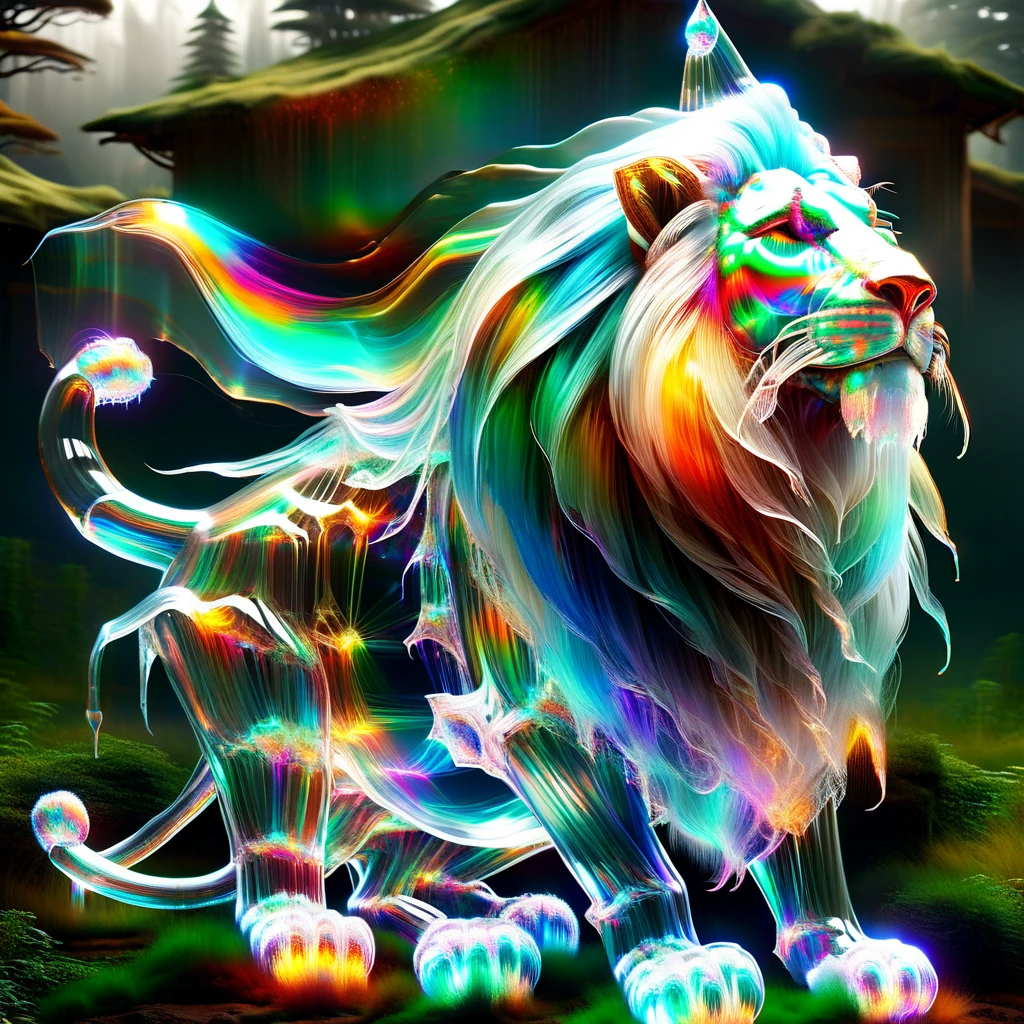 hyper detailed masterpiece, dynamic realistic digital art, incredible quality,transparentes, translucent elf, little lion creature, long white beard, pointy hat in earth tones, practical rustic clothing, Carry a staff, guardian of the house and farm, Good luck, protection DonMSp3ctr4lXL