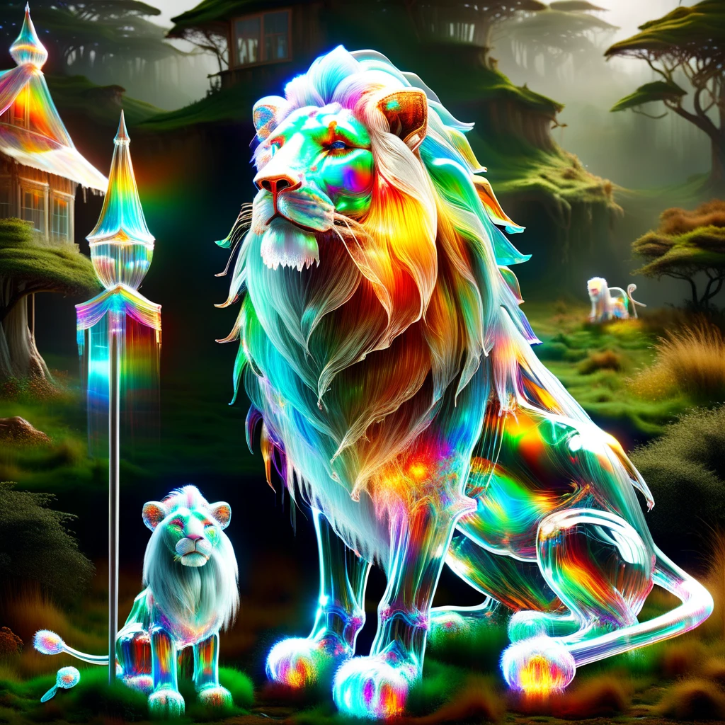 hyper detailed masterpiece, dynamic realistic digital art, incredible quality,transparentes, translucent elf, little lion creature, long white beard, pointy hat in earth tones, practical rustic clothing, Carry a staff, guardian of the house and farm, Good luck, protection DonMSp3ctr4lXL