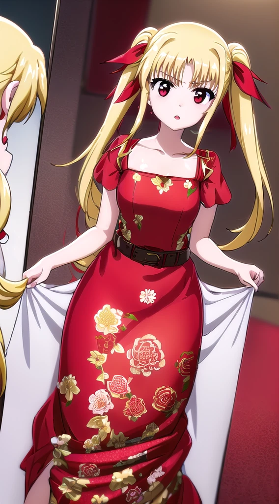 1girl, fate testarossa, long hair, blonde hair, (red eyes:1.5), twintails, red hair ribbon, A person with blonde hair styled in a low bun adorned with a decorative gold accessory is shown with eyes closed. They have dramatic makeup including bold eyebrows, winged eyeliner, glittering eyeshadow, and bright red lipstick. The individual is wearing a light pink robe that is tied at the waist with a matching belt. In the background, a shelf witha woman standing in front of a mirror wearing a red and white floral print dress, red floral dress, wearing red formal attire, extravagant dress, elegant red dress, celestial red flowers vibe, wearing an evening gown, sexy gown, stunning elegant, she arrived in a red dress, full dress, wearing a red dress, elegence, wearing red dress, wearing pink floral gown, wearing red, wearing a magnificent dress, elegent, in a red dress, girl wears a red dress, red dressa woman standing in front of a mirror wearing a red and white floral print dress, red floral dress, wearing red formal attire, extravagant dress, elegant red dress, celestial red flowers vibe, wearing an evening gown, sexy gown, stunning elegant, she arrived in a red dress, full dress, wearing a red dress, elegence, wearing red dress, wearing pink floral gown, wearing red, wearing a magnificent dress, elegent, in a red dress, girl wears a red dress, red drea woman standing in front of a mirror wearing a red and white floral print dress, red floral dress, wearing red formal attire, extravagant dress, elegant red dress, celestial red flowers vibe, wearing an evening gown, sexy gown, stunning elegant, she arrived in a red dress, full dress, wearing a red dress, elegence, wearing red dress, wearing pink floral gown, wearing red, wearing a magnificent dress, elegent, in a red dress, girl wears a red dress, anime 4k, hd, detailed, perfect anatomy, perfect hands, perfect face, (masterpiece), best quality, expressive eyes, perfect face, (masterpiece, high quality, best quality:1.3)