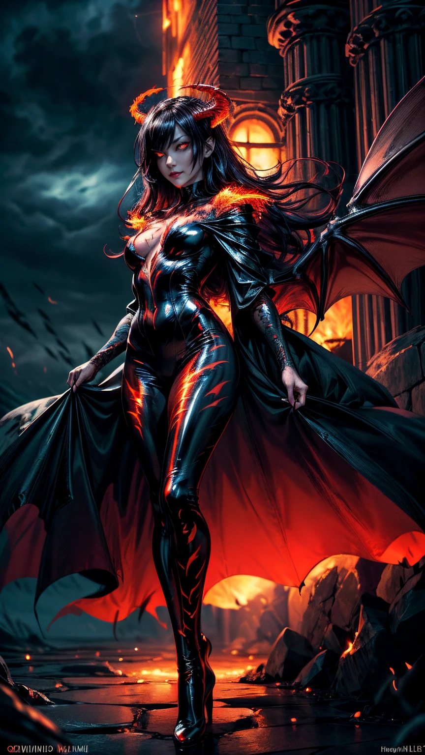 Storyboard, masterpiece, highest quality, dragonlady queen, perfect demoness, long legs, hourglass fugure, bright red glowing eyes, detailed eyes (1.4), scars on face, villainous expression, flaming skin body with bioluminescent glowing pattern, ready for battle, blurred stormy background, dark atmosphere, lighting in background,full body,