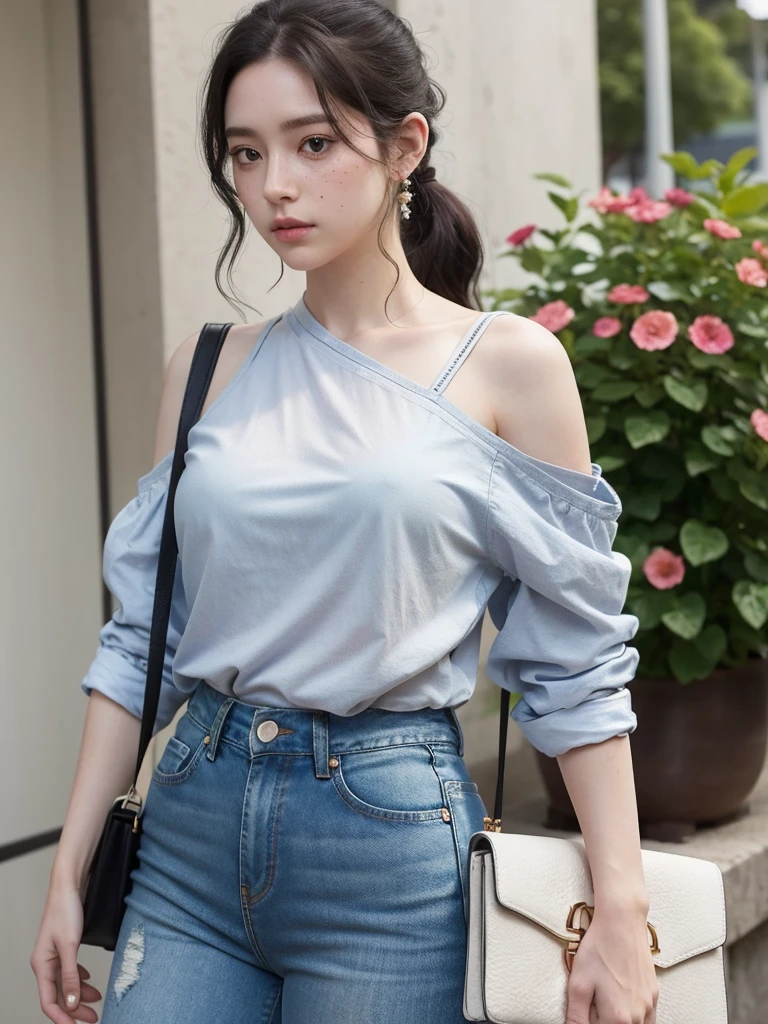 pale skin with freckles, dark eyes and long black curly hair tied in a ponytail. With light blue jeans, with a flower shirt and shoulder bag