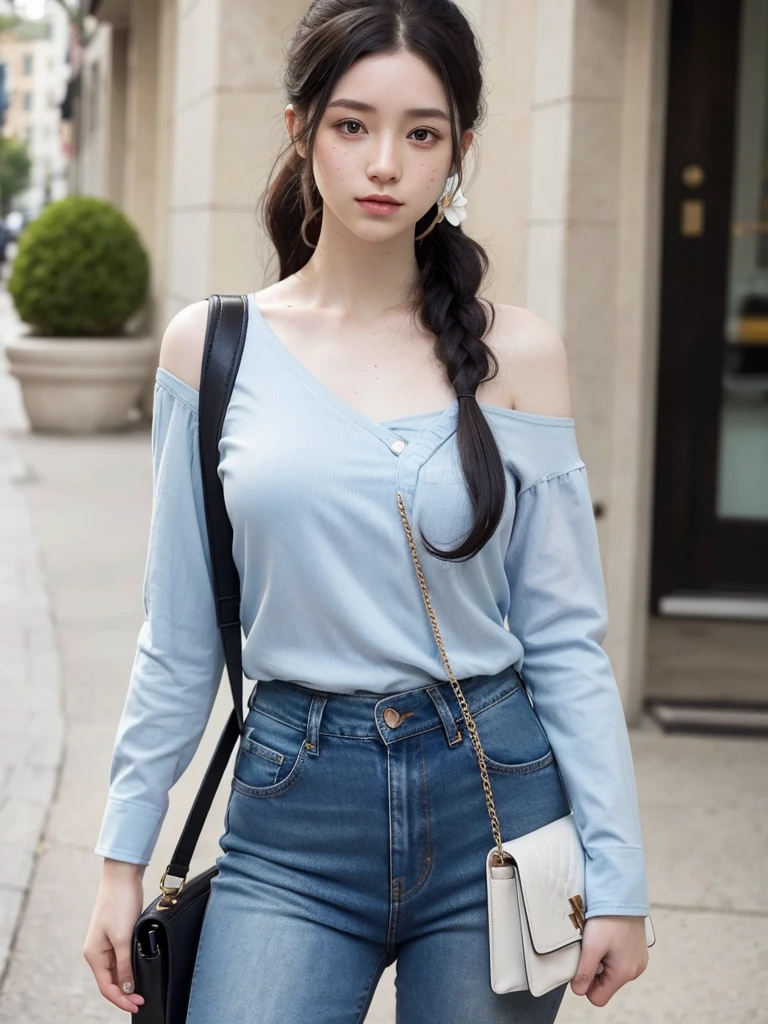 pale skin with freckles, dark eyes and long black curly hair tied in a ponytail. With light blue jeans, with a flower shirt and shoulder bag