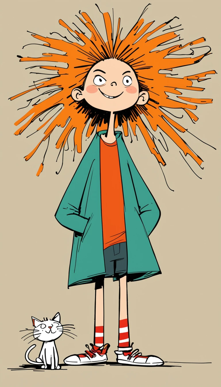 (((Exaggerated digital character sketches:1.37，Matchstick Men))).(1 huge cat and little girl，(Exaggerated expression,Exaggerated hairstyle)，Messy hair)，(Black sketch lines，Loose brushstrokes create the outline，Cartoon Style. Bright colors and simplified lines, sketch)。(Exaggerated body movements),(Large area of blank）