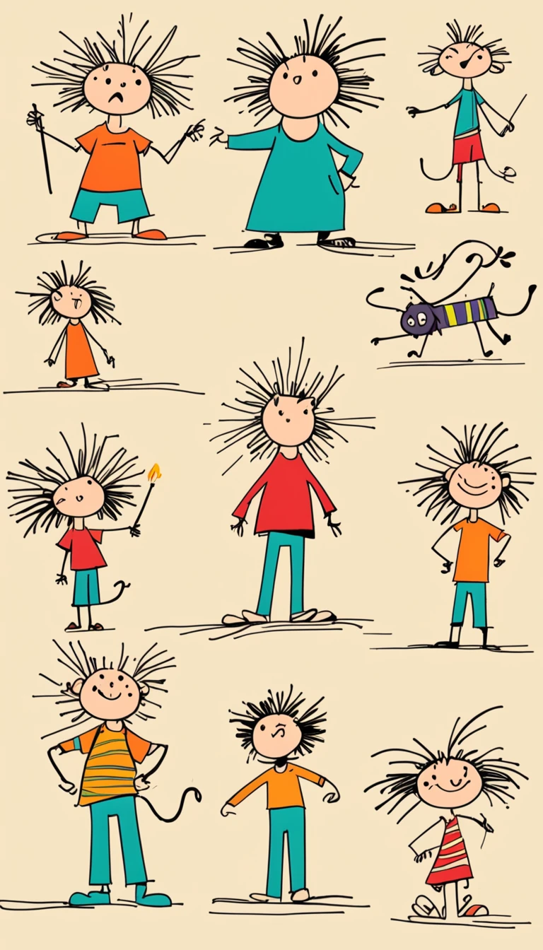 (((Exaggerated digital character sketches:1.37,Matchstick Men))).(1 huge cat and little girl,(Exaggerated expression,Exaggerated hairstyle),Messy hair),(Black sketch lines,Loose brushstrokes create the outline,Cartoon Style. Bright colors and simplified lines, sketch)。(Exaggerated body movements),(Large area of blank)
