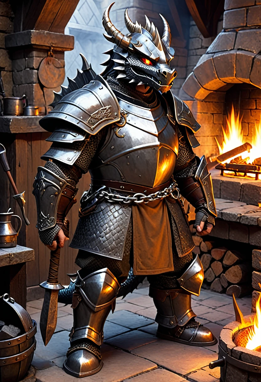 dwarf with heavy chain armor. he is holding a hammer. he is standing in a forge with a fireplace. a dragon-helmet lies on a nerby table