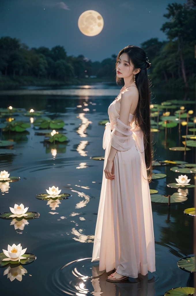 (((best quality))),(((ultra detailed))),(((masterpiece))),illustration,((1 beautiful young girl,solo)),((slim,thin)),(shoulder length straight hair:1.2),((earrings,necklace)),((small breasts,flat chest)),(see through traditional pink sheer Hanfu dress:1.3),((slender legs,bare legs,loafers)),(beside the lotus pond full of lotus flowers:1.3), serene moonlight, ethereal,floral pattern, water movement, billowing fabric, tranquil, moon reflection, petals, fireflies, magical, light,warm light, dreams, invitation, (standing:1.3),(arms behind back:1.3),gazing, reflection, inner thoughts, emotional, sweet scent, natural beauty, solitude, hypnotic lull, eternal summer,(night scene:1.3), natural world, human spirit, celebration, backdrop, water, glow,((from front,full body))